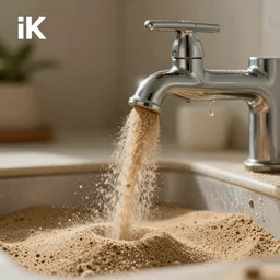 Sand coming out of tap instead of water, 8K photorealistic highly detailed, warm light, trending