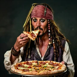 Captain Jack Sparrow eating a delicious pizza, studio portrait, dramatic lighting, trending on artstation