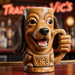 a closeup photorealistic photograph of happy snoop dogg at trader vic's bar showcasing a trader vic's tiki mug featuring the face of snoop dogg. brightly lit scene. this 4 k hd image is trending on artstation, featured on behance, well - rendered, extra crisp, features intricate detail, epic composition and the style of unreal engine.