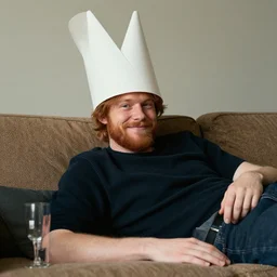 professional photography of a drunk ginger haired man slouched on the couch smiling wearing a cone on his head