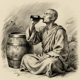 pencil sketch of a monk drinking wine next to a barrel, pondering, medieval style