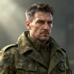 portrait of a middle aged man wearing a winter coat, army, military, rugged, highly detailed, fantasy, godrays, cinematic lighting, close up, volumetric, realistic, digital art by greg rutkowski