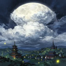 highly detailed illustration of a moon landscape with fireflies and temples while rains at night and lots of high exposure cummulonimbus clouds by makoto shinkai, by moebius, by oliver vernon, by joseph moncada, by damon soule, by manabu ikeda, by kyle hotz, by dan mumford, by otomo, 4 k resolution