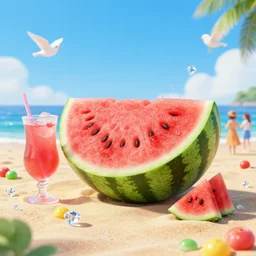 A beautiful artwork illustration, detailed, bubbly, watermelon, sodapop, beach, jolly ranchers, birds, diamonds, girls, subsurface scattering, cartoon-y, featured on Artstation, wide angle, horizontal orientation, very coherent, cinematic, high detail, octane render, 8k