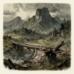 cinematic landscape drawing by Alan Lee of a rotting bridge in front of forsaken mountains