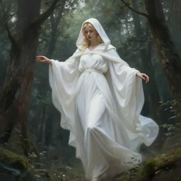 portrait of the goddess of memory descending over a forest, white hood, white robes, blonde, fantasy, magical, realistic and detailed, spiritual, supernatural, intricate, elegant, highly detailed, digital painting, trending on artstation, by wlop, 4 k octane render