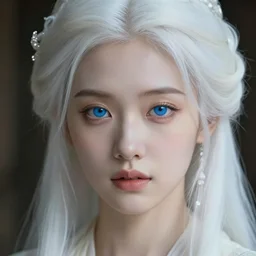 detailed portrait of perfect white intricate haired girl, 1 9 century, beautiful, pretty face, blue eyes, innocent, scifi, 4 k, sun yunjoo, ultra realistic, highlights, cinematic lighting, highly detailed, sharp focus, artstation, masterpiece, art by hyungjin yang and akihiko yoshida and ruan jia