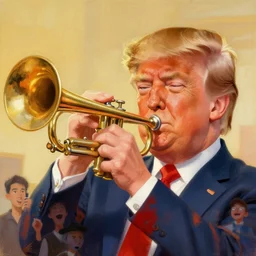painting portrait of trump with trumpet hair, cartoon, warm lighting, trump has hair as a trumpet, movie poster, illustration by bartek fedyczak, erak note, tooth wu, neil richards, kan liu, siwoo kim, jisu choe, trending on art station