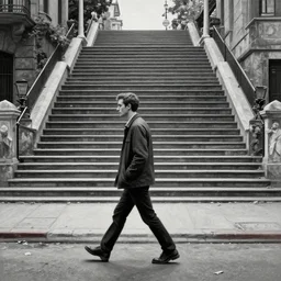 photo - realistic, painting of a man walking alone in the boulevard of broken dreams, stairs in the background, hyper detail, sharp, in the style of beeple, mobeius, rule of thirds