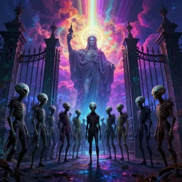 [ palate ] [ vibrant gothic colors ] lost alien souls congregating and waiting in line at a giant iron gate, vibrant neon nebulous clouds, radiant light rays, photorealistic illustration, intricate and fine details, volumetric lighting, artstation, god figure at the gate - w 1 0 2 4