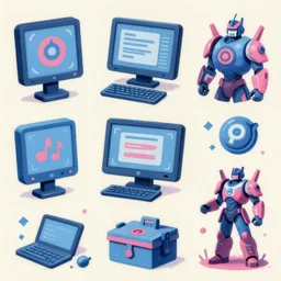 game asset of computer and devices, in gouache detailed paintings, props, stylized, 2 d sprites, kitbash, arcane, overwatch, blue and pink color scheme, 8 k, close up