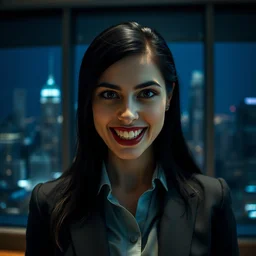 a portrait photograph of a smug woman executive with vampire fangs in a business dress in a board room, black hair, dof, sharp focus, cold eyes, pale, highly detailed face, symmetric face, night skyline outside window in background, 4 k, cinestill 8 0 0 t, exif, photography by andreas franke