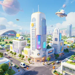 a new future urban city, white buildings + colorful decorative + led billboards + brand logo, cute future vehicles, cute spacecraft flying in the air, cute pokemon walking on the street, cute scene, huge universe, planet in the sky far away, sports center buildings, dokev, ratchet & clank, overwatch, splatoon 3, big hero 6, zootopia,