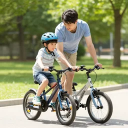 dad teaching son how to ride a bike on a sunny day