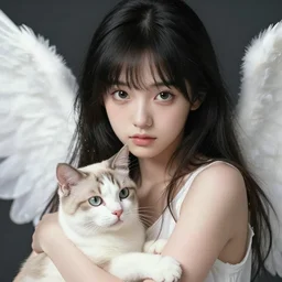 an angelic girl holding a cat | | very anime, fine - face, realistic shaded perfect face, fine details. anime. realistic shaded lighting poster by ilya kuvshinov katsuhiro otomo ghost - in - the - shell, magali villeneuve artgerm jeremy lipkin michael garmash rob rey kentaro miura style, trending on art station