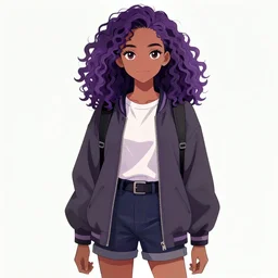 character design of anthy himemiya as a college student, curly purple hair, indian girl with brown skin, tokyo fashion, detailed anime character art, girly, concept art, portrait, japanese streetwear, dramatic pose, shoujo manga character design, character art, urban, vibrant, highly detailed, Akihiko Yoshida