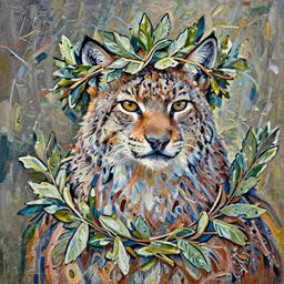 lynx wearing Caesar's crown of leaves, an expressive digital painting, high quality oil painting,