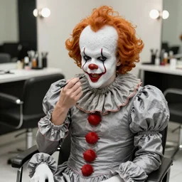 pennywise the clown, sitting in chair, getting his makeup done at the salon by the female make up artist, artstation, digital art, flat colours, studio lighting