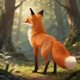 a medevial anthropomorphic fox with a fluffy tail in a forest, trending on artstation, detailed, anime, warm lighting, backlighting, by kawacy, trending on furaffinity, furry art, fantasy art, assassins creed, cgi, back view