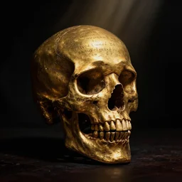 a dark ominous chiaroscuro baroque still life photo of a single ray of light shining on a floating golden skull completely engraved in ancient runic inscriptions, messages, prophecies, spells by billelis. ominous darkness background. weirdcore