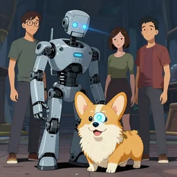 half robot half corgi with one laser eye that looks like it's from Borderlands and by Feng Zhu and Loish and Laurie Greasley, Victo Ngai, Andreas Rocha, John Harris