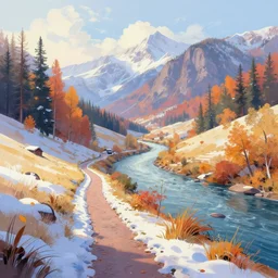 Peace valley landscape wonderland crossroad path and river winter fall pastel beauty Digital painting artstation by Krzysztof Maziarz   A Spectacular View  cinematic lighting comic book illustration, by John Kirby