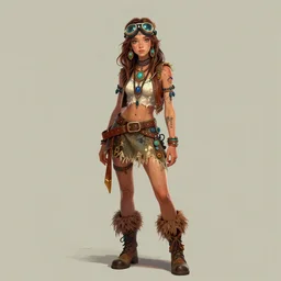 a hippie girl wearing goggles and eccentric jewelry by jamie hewlett :: full body character concept art, full body, detailed
