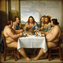 a painting of a bunch of fat people sitting around a table, having brunch, in a style of leonardo davinci