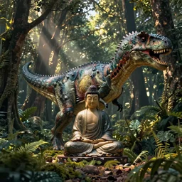 dinosaur Buddhist meditating in the forest