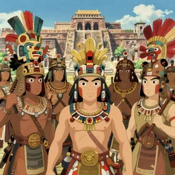 aztec warriors defend the city of Tenochtitlan from Spanish Conquistadors, anime, detailed expression on faces, beautiful faces, Studio Ghibli, cinematic, 4K