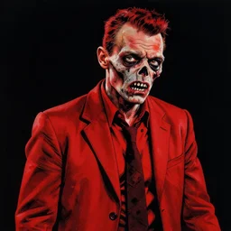 zombie rick astley, in the style of beksinski, red, black, vibrant, chiaroscuro, high detail, perfect artwork, clean lines
