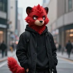 red furryfursona stoat coalpunk urbanscene photorealism masculine furrycharacter black