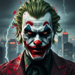 abstract portrait of the joker in gears of war, city in the background, the joker 2 0 1 9, studio lightning, beautiful face and eyes, rule of thirds, face symmetry, colourful spray paint splatters, expressive, fine art, by jeremy mann, by alphonse mucha, by monet, 4 k, 8 k, correct body proportion, vivid cinematic style