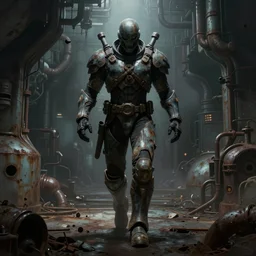 horror movie scene of an individual in doom slayer armor running in a desolate deep space mining station, rusty metal walls, broken pipes, full body character portrait, dark colors, muted colors, tense atmosphere, mist floats in the air, amazing value control, dead space, moody colors, dramatic lighting, ussg ishimura, frank frazetta