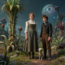 detailed, sharp, a girl and a boy standing next to some strange wild alien plants, wearing 1860s era clothes, their small pet tiny alien creature is standing nearby, in a park on a strange alien planet, highly detailed, award winning photograph, 4k, cinematic lighting