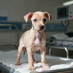 a skinny bald puppy in the hospital, sick with cancer
