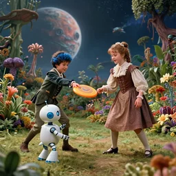 detailed, sharp, a boy and a girl playing frisbee with their cute pet humanoid robot, wearing 1850s era clothes, in a garden full of exotic alien plants and flowers, on a strange alien planet, extremely highly detailed, 70 mm action still from a classic period sci fi color movie, 8k, HD, cinematic lighting