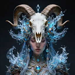 goddess portrait from bottom to top by jessica oyhenart in crown made of ram skull, bioluminiscent, plasma, ice, water, wind, creature, super intricate ornaments artwork by tooth wu and wlop and shofff and greg rutkowski