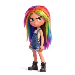 a pixar alt girl with rainbow hair, drunk, angry, soft eyes and narrow chin, dainty figure, long hair straight down, torn overalls, short shorts, combat boots, basic white background, side boob, symmetrical, single person, style of by Jordan Grimmer and greg rutkowski, crisp lines and color,
