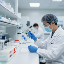 crisp clean research laboratory space, pipettes and test tubes, scientists working at the bench, bright welcoming lighting, curing cancer, hyper realism with a slight blue toned watercolor effect. architectural digest photo, time magazine, studio lighting, godrays, mayo clinic, john hopkins, cleveland clinic.