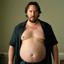 obese keanu reeves with exposed belly on close medium portrait on real photograph, 8 k film still