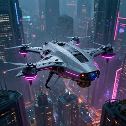 cyberpunk drone above a city, scifi, futuristic, neon light, highly detailed, concept art, sharp focus, trending on artstation, intricate, atmosphere, raining, art by roman makarenko, dzung phung dinh