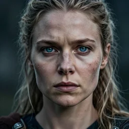 photorealistic head and shoulders portrait of female viking warrior with large sad blue eyes, damaged, cinematic, anamorphic