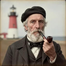 portrait of an old sea captain smoking a pipe, daguerreotype, lighthouse in the background, piercing eyes