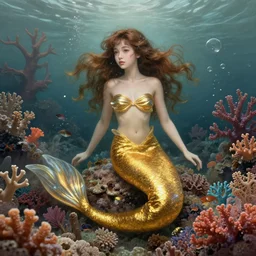 harmony ( golden glimmering mermaid brown haired cute yoongi ), under water, colorful coral, muted colors, wlop, james jean, victo ngai, highly detailed, fantasy art by craig mullins, thomas kinkade