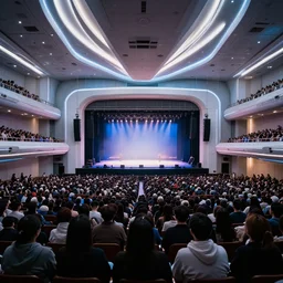 the interior of a futuristic concert hall, large crowd of people in the foreground, by kim jung gi and greg rutkowski, rule of thirds