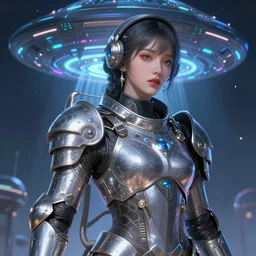 portrait armored astronaut girl, looking for alien, ssci-fi, neon light and ufo effect, fantasy, intricate and very very beautiful and elegant, highly detailed, digital painting, artstation, concept art, smooth and sharp focus, illustration, art by tian zi and WLOP and alphonse mucha