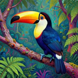 a colorful toucan bird on a tree trippy art by henri rousseau, fern forest, 4 k, hyper detailed, psychedelic art, acid pixie