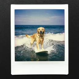 old crumpled polaroid photo of golden retriever surfing at sea, vintage found photo, old colored photo