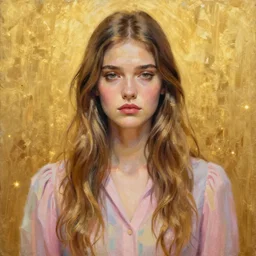 epic painting drawing, full figure portrait of beautiful shy sad supermodel wearing pastel blouse, long wavy hair, photography by amy leibowitz, wlop, jeremy lipkin, beeple, intricate, symmetrical front portrait, artgerm, golden glowing background